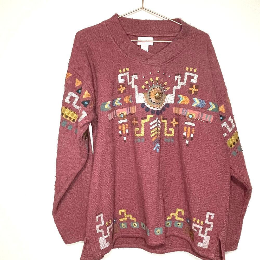 Handmade Aztec Painted Dusty Rose V-Neck Long Sleeve Sweater size Large